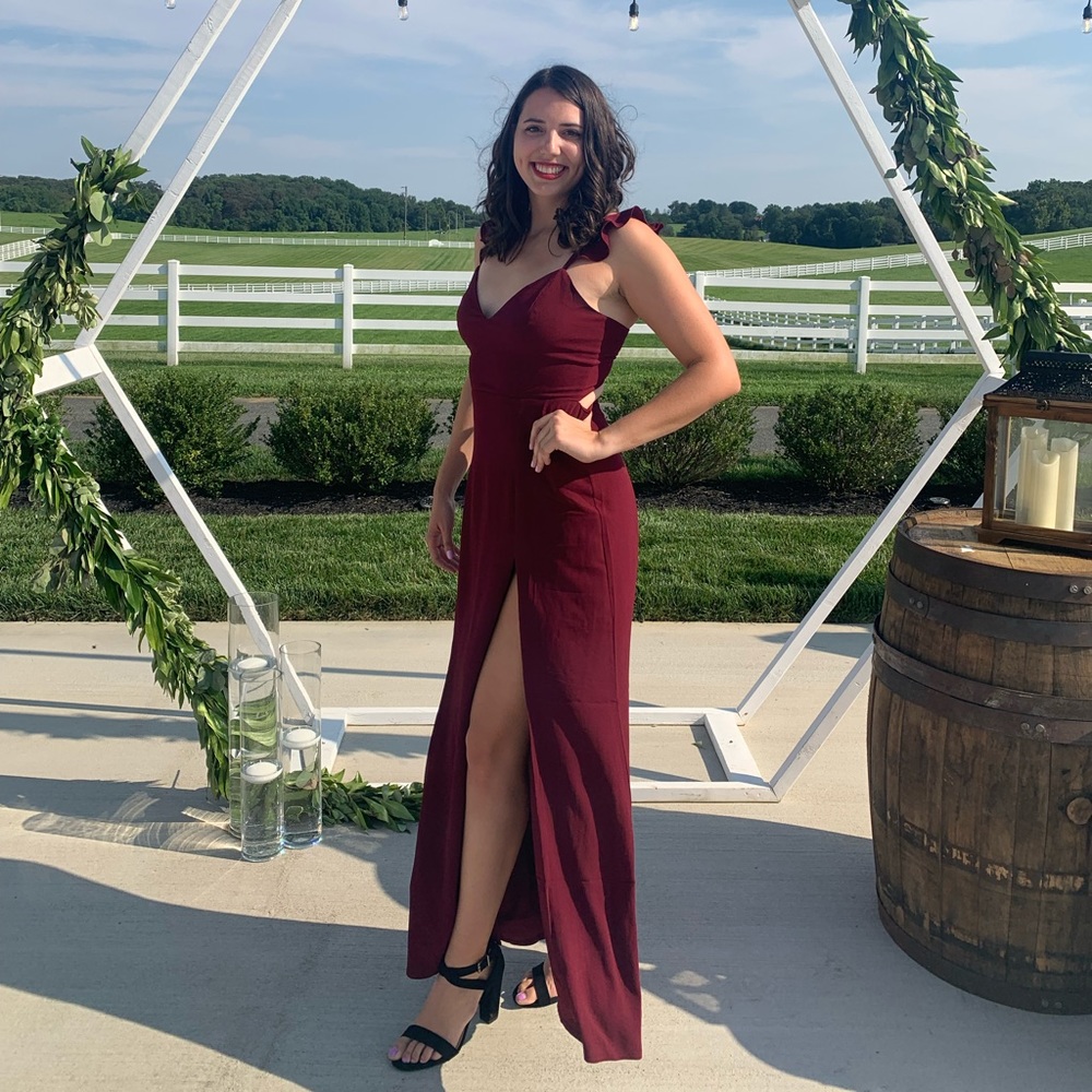 Maroon long formal dress with slit and open back